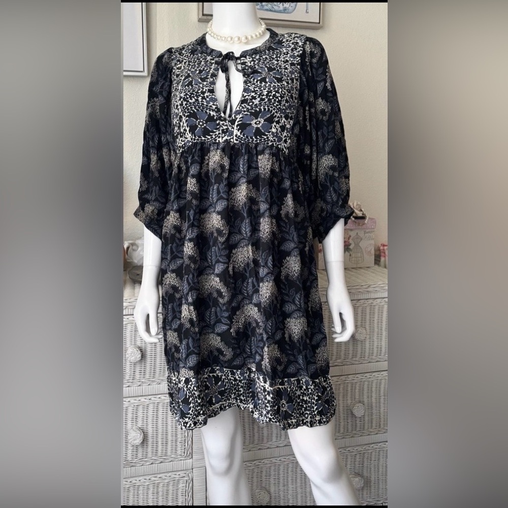 ba&sh Navy and Cream Floral Boho Mini Dress